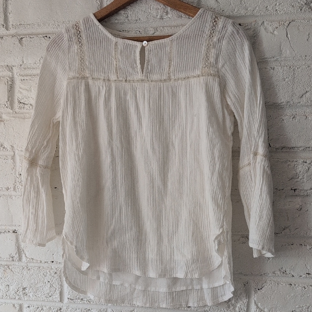 Joyfolie Cream Gauze Blouse with Lace Yoke Detail